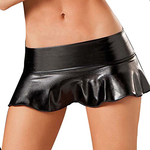 Women Shiny Metallic Mini Ruffle Skirt Faux Leather Sexy Clubwear Dance Party Dress