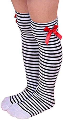 Girls Cotton Knee Length Socks Kids Children Bowknot Striped Winter Leg Warmers (Black + White)