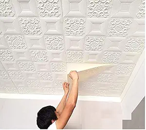 HSE 3D Foam Ceiling Wall Paper self-Adhesive Wall Stickers for Home Decor,Walls, Dining Room, Kitchen, Living Room (12 PCS, White)