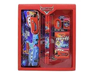 SPOCCO | Kids Cartoon Print Stationary Set for Girls Boys - with Pencil Case, Two Pencils Eraser, Scale, Sharpener and Crayon (Car) PC37