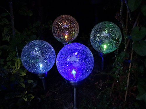 4er Set LED Solar Gartenleuchte mit Erdspieß – praktischer 4er Set Solar Gartenleuchten Kugel Leuchten Kugel Garten Beleuchtung – hochwertige Premium Solar Lampen mit 2 LEDs, weiß oder Farbwechsel auswählbar – Kristall Edelstahl Echtglas Kugel 12 cm Durchmesser – Premium Kugelleuchten aus Edelstahl und Echtglas im Kristalldesign – stilvolle und wunderschöne Gartenleuchte, wahlweise weiß oder Farbwechsel auswählbar - 9