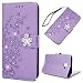 Produktbild Flip Handy Schutzhülle für Samsung Galaxy J6 Plus, Stoßfest Weich PU Leder Damen Karten Magnet Stand Brieftasche Klappetui (Hellviolett), Prägung mit Diamant Pflaume Muster