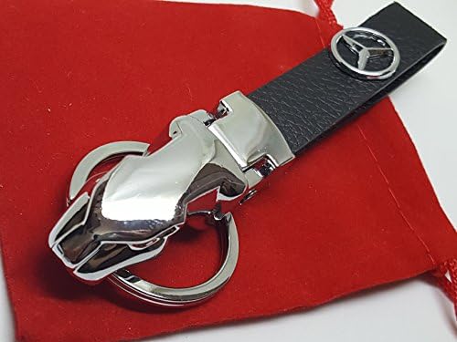 Mercedes Benz Leopard Head Leather Car Logo Keyring Key Ring Fob with Red Velvet Gift Pouch