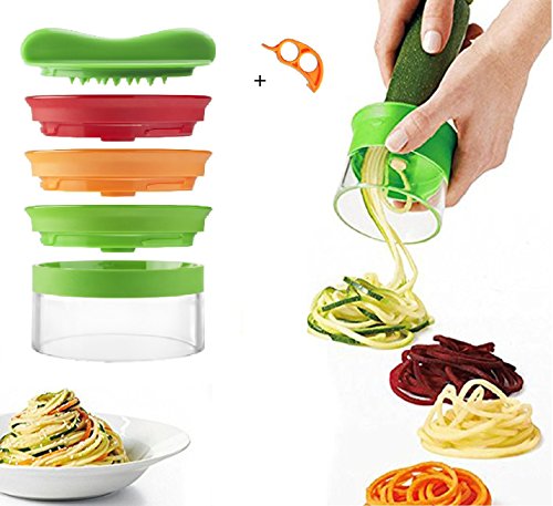 SIEGES Spiralschneider für Gemüse Spargel, Gurken und Obst 3 Klingen Schäler Slicer cutter mit Orange Peeler
