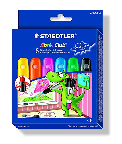 Staedtler 2390G1 C6 Noris Club Gelmalstifte (Effekt-Farben, perfekt für kleine Kinderhände, superweich und farbintensiv, auch ideal für das deckende Malen auf Fensterglas, 6 Stück)