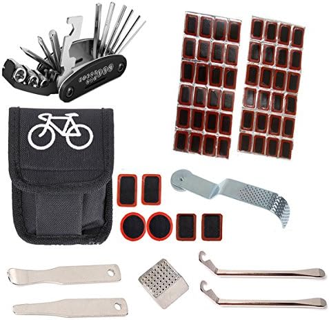 JOYORUN Repair Set Bicycle Tyre Repair Kit Repair Kit 54 Pcs Patches 16 in 1 Multi Tool – 4 Tyre Levers Bicycle Tools Bike Repair Kit, SA01-Multitool Fahrrad Reparatur Set-BK, Black