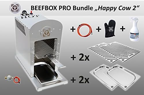 PRO HAPPY COW BEEF Box 2, Piezo Ignition, TÜV Certified – 800 Degree Upper Grill | Stainless Steel | Base/Grill Rack Rail Removable