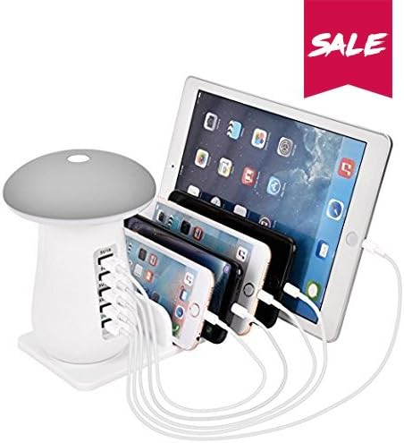 TEZER PowerPort 40W 5-Port USB Charger, LED Mushroom Multi-Port Charging Dock, for iPhone Android iPad Air 2 / Mini 3 and Multi, High Temperature Resistant PC, Travel USB Charger, USB 3.0 Quick Charge …
