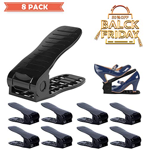 Uktunu Meubles à Chaussures Réglable 8PCS Réglable à Chaussures 4 Niveaux de Hauteur Réglable Supports à Chaussures Organiseur de Chaussures Support Rack Plastique Porte-Chaussures Noir