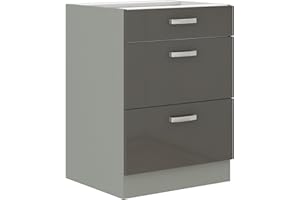 ‎KUECHEN-PREISBOMBE Küchen Unterschrank 60 cm Grau Hochglanz Vollauszug Soft-Close Küche Grey Bianca