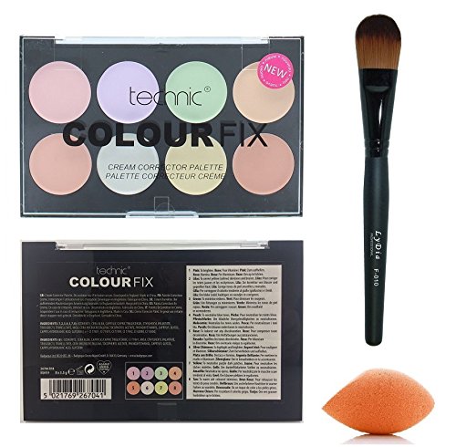Technic 8 Colours Colour Fix Cream Corrector/Contour Palette + LyDia Black Foundation/Contour Makeup Brush + LyDia Mini Sponge Beauty Blender