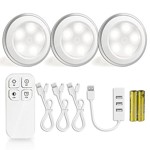 Preisvergleich Produktbild Nachtlicht Kabellose Fernbedienung, Morpilot 5 LED Wiederaufladbare Schranklichter , Drückfunktion USB Spot Licht Stick-On überall Lichter für Schrankleuchten Schränke Dachdecker Garagen Auto Schuppen Abstellraum (5500K, 3Pack)