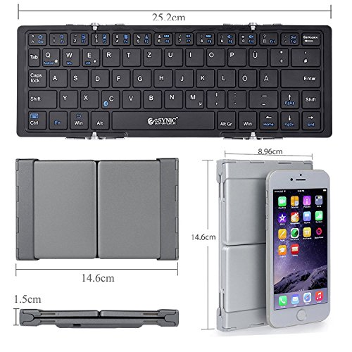 Faltbare Bluetooth Drahtlose Tastatur mit QWERTZ Tastaturlayout für Apple IOS iPad Air iPad Mini iPad 4 Mac Linux Windows Microsoft Surface Pro3 Android Samsung Galaxy Tablet PC Smart Phone – Schwarz und Silber - 2
