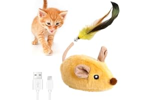 Zinueen Souris de jeu électrique pour chat - Souris interactive avec queue en plumes et clochette - Chargement USB - Pour chat et contre l'ennui