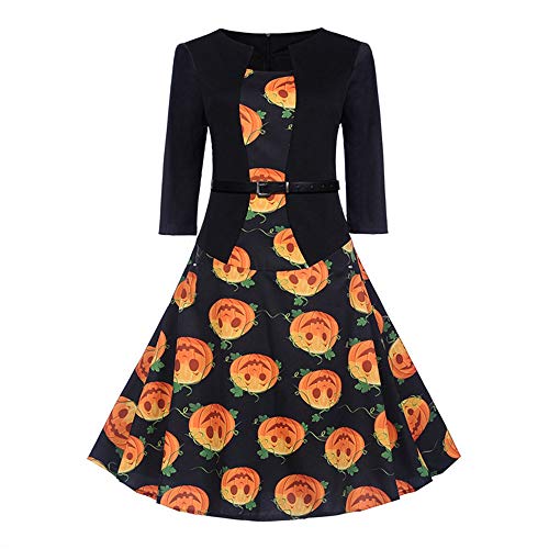 iHAZA Femmes Ancien Impression Manches 3/4 Halloween Soir Fête Balançoire Robe