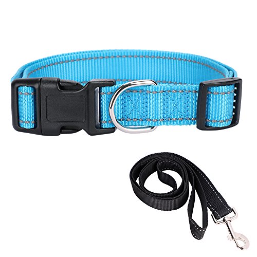Preisvergleich Produktbild ITODA Halsband Nylon Personalisierter Hundehalsband Reflektierende Halsband und Hundeleine im Set Stickerei Blau Halsband mit Gravur Nach Wunsch für große,mittelgroße,Mittlere,Kleine Hunde L