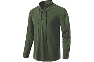 PADOLA Camisa Medieval de Lino para Hombre Camisa Retro con Cordón Henley Camisas Estilo Hippie Traje de Pirata