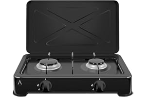 ALPHA Placa de Gas Portátil URANO, Negro. Hornillo de 2 Fuegos, Bloqueo de Seguridad. **Alta Gama**