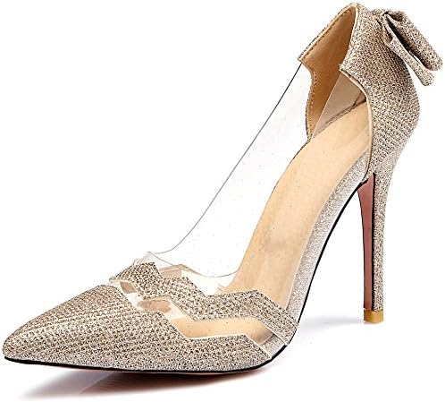 QFISH Closed Toe High Heels,Women's Elegant Pointed Toe Bow-Knot Heels Stiletto Dress Shoes for Wedding Office Prom Cocktail Party Court Shoes(Golden)