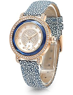 Time100 NEU Damenuhr Lederarmband Quarzuhr Wasserdicht Armbanduhr mit Strass Blau #W80109L.02A