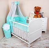 Baby Bettwäsche 5tlg Bettset mit Nestchen Kinderbettwäsche Himmel 100x135cm NEU Sternchen grau/Pünktchen Türkis Vollstoffhimmel