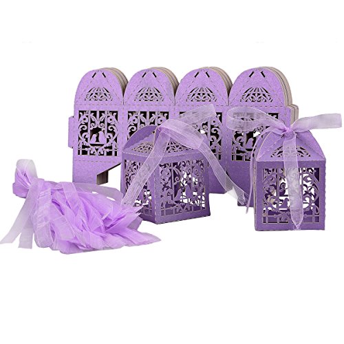tankerstreet 50 Candy Box Hohl Rosen Blumen Birds mit Bändern Geschenk Box Tasche Braut Dusche Hochzeit Geburtstag Party Supplies Gastgeschenken (lila) - 2