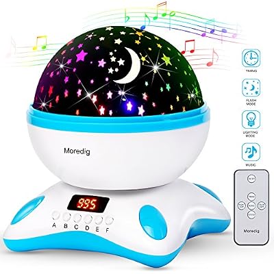 Moredig - Enfants musique lampe projecteur etoile, lampe led veilleuse, 360° rotation avec minuterie led affichage, Il y a sept clés, pour les bébés, les enfants, cadeau d'anniversaire, Noël, etc - Bleu et blanc