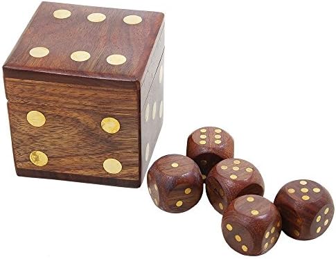 Store Indya Playful Rosewood Dice Shaped Game Box with 5 Dices Hand Carved with Brass Inlay Board
