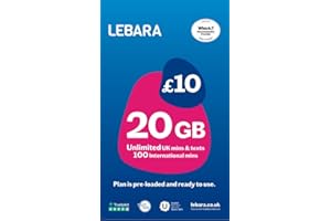 Lebara SIM Card UK Pay As You Go - 20 GB di dati, minuti e messaggi illimitati nel Regno Unito, 100 minuti internazionali per £10