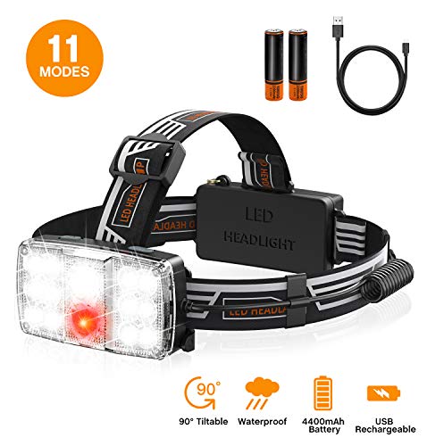 Cocoda Torcia Frontale con 11 Modalidà, 1000LM Super Luminoso Ricaricabile LED Lampada Frontale con Luce di Segnalazione Rossa, IPX6 Impermeabile, Regolabile, Luce Frontale per Camping Trekking Pesca
