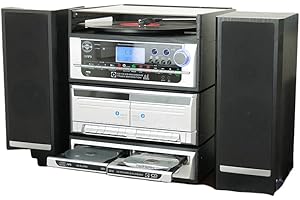 STEEPLETONE (UK COMPANY) Steepletone Capitol Music Stack System, CD Burner. CD RECORDING 6-in-1 Modular Music System. Vinyl Record Turntable, Twin CD, Twin Cassette. MP3, USB, FM Radio, AUX, Remote. Amp/Speakers. Black/Silver