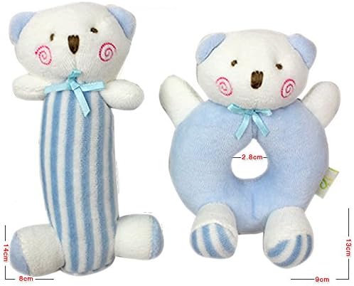 Liketo 2pcs Baby Soft Rattle Plush Sensory Activity Toy Blue Bear Boy Toys 5.6in4in -Stuffed Animal for Newborn Infant Twin -Newborn Gift Crib Toy (Blue)