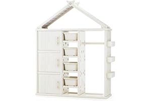 habeig Multifunktionaler Kinder-Kleiderschrank, Hausform Design, Kinderschrank, 156x123x34cm, Beige, mit Türen, Ablagekörben und Kleiderstange, Einfache Montage (20211)