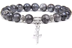 Bracelet Pierre Naturelle, 7 Chakra Pierre Naturelle Perle Bracelet Gris Marbre Élastique Bracelet Yoga Argent Croix Pendentif Bijoux pour Hommes Femmes Noël Couple Cadeau