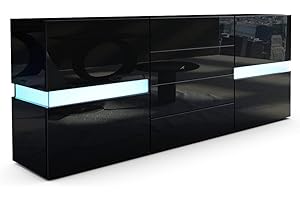 Vladon Aparador Flow, Negro de Alto Brillo/Negro de Alto Brillo con LED - Cómoda Moderna con acristalamiento Ambient Light para su salón (177 x 75 x 39 cm)
