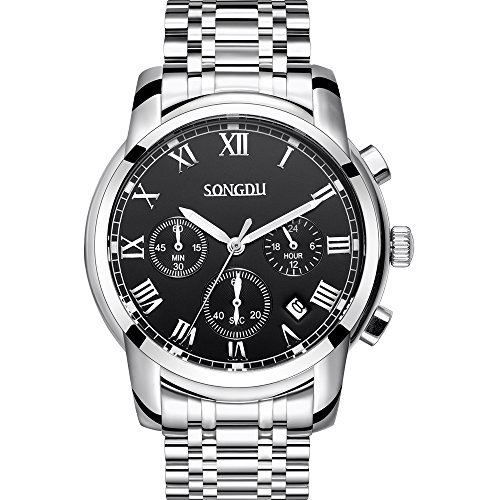 SONGDU Herren Quarz Analog Armbanduhr Schwarz Ziffernblatt Silber Rostfrei Edelstahl Armband Chronograph Kalender Datum Anzeige Fluoreszierend SONGDU Herren Quarz Analog Armbanduhr Schwarz Ziffernblatt Silber Rostfrei Edelstahl Armband Chronograph Kalender Datum Anzeige Fluoreszierend