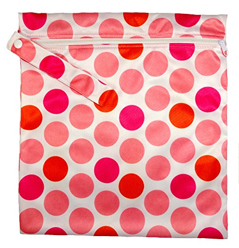 FAB4BABYSTARS, Pink Dot Cirlces Wet Bag, Nappy Bag, Holiday Bag, Toiletry Bag, Storage Bag for Toys, made with waterproof material (PUL), Stretchy Material with Zip, handle for hanging up