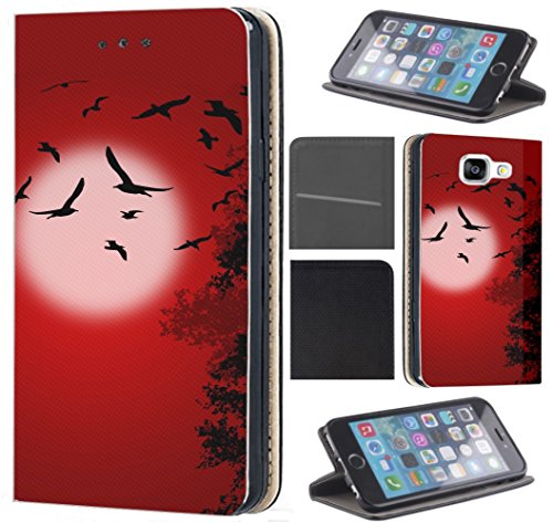 Coverfix Premium Huawei P8 Lite Model 2017 Protective Case Cover Skin PU Leather Flip Case 1553 Vögel Mond Schwarz Rot