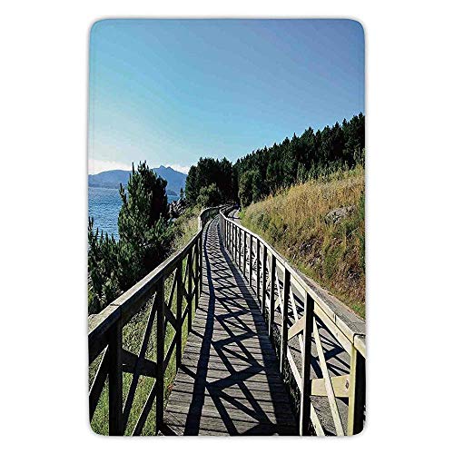 TRAzz Bathroom Bath Rug Kitchen Floor Mat Carpet,Beach,Wooden Pathway by Sea Bridge Placid Quiet Alone Time Plants Tree Healing Print,Green Brown Blue,Flannel Microfiber Non-slip Soft Absorbent