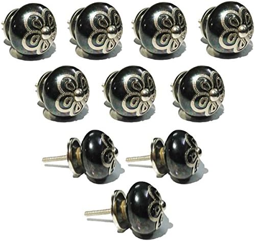 Silver Flower Designer Set of 10 Black Handmade Drawer Knobs / Cabinet Pulls / Door Handles - Home Decor Accessories