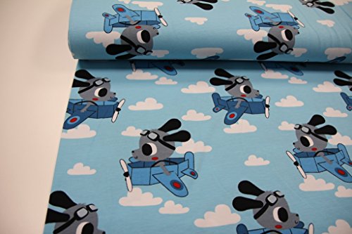 Stoff / 50cmx140cm / Kinder / beste Jersey-Qualität / Jersey Hund, Flugzeug, Wolken auf hellblau