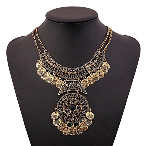 Feng Women Bohemian Festival Jewelry Double Chain Coin Statement Necklace (Gold)