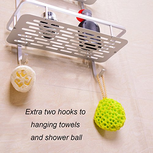 Swallowzy Kein Bohren Badezimmer Regal, haltbares Aluminium Sticky Regal Dusche Lagerung Handtuch Wandhalterung Regal Dusche Caddy Regal Storage Rack Corner Shampoo Korb-Halter mit Haken, Style B 2 Tier - 4