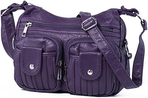 Hengying Women Ladies Versatile Washed Leather Small Cross Body Shoulder Bag Satchel Handbag with Many Zip Compartments + Key Ring (Elegant Purple)