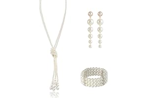 Scinzene Perlenkette Damen, 3-teiliges 20er Jahre Accessoires Set, Kunstperlen Halskette, Ohrringe und 4-reihiges Perlenarmband im 1920er Jahre Stil