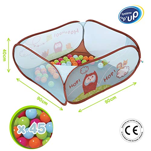 LUDI - Piscine à balles "Chouette" en tissu et structure pop-up 90 x 90 x 44 cm. 45 balles pour jouer en sécurité ! Dès 6 mois. L'aire de jeu se plie et se range dans un sac très léger- 2836