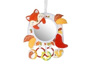 CATERBEE Giocattolo da Appendere per attività per Bambini con Specchio per Auto in-Sight, Regolabile per seggiolini Auto, passeggini, culle e Tempo sulla Pancia, con sonagli (Fox)