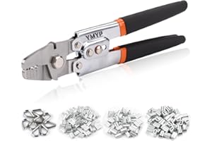 YMYP Up to 2.2mm Wire Rope Crimping Tool with 180 Pcs Sleeves & 10 Pcs Stainless Steel Thimbles Kit, 3 Sizes Aluminum Double Barrel Ferrule, SwagingTool for Fishing Lines with Cutting Function
