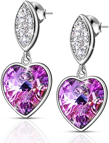 Lydia Queen Crystal Heart Drop Earrings Made with 925 Sterling Silver Stud Purple Crystal Clear Round Cubic Zirconia Jewellery for Women