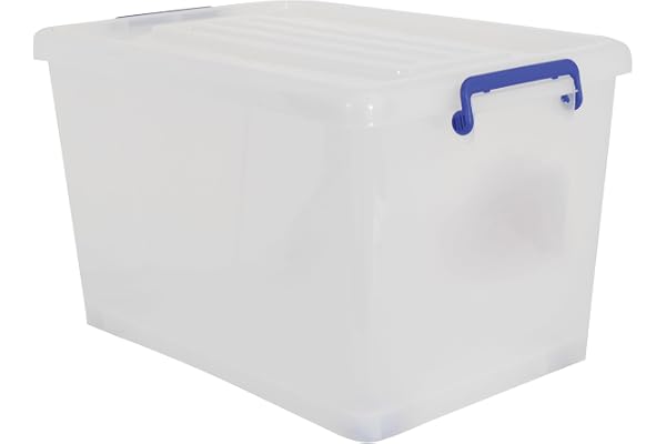 MSV - Boite de Rangement Polypropylène - Blanc Transparent/Poignées Bleu - 50L - 70 x 45 x 25 cm - Couvercle Sécurisé - Empilable - Idéale pour Maison et Bureau